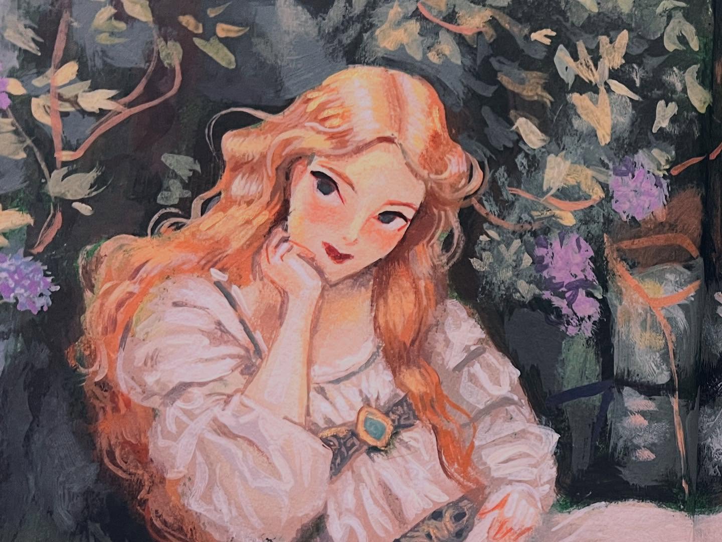 Golden-haired girl in a floral garden