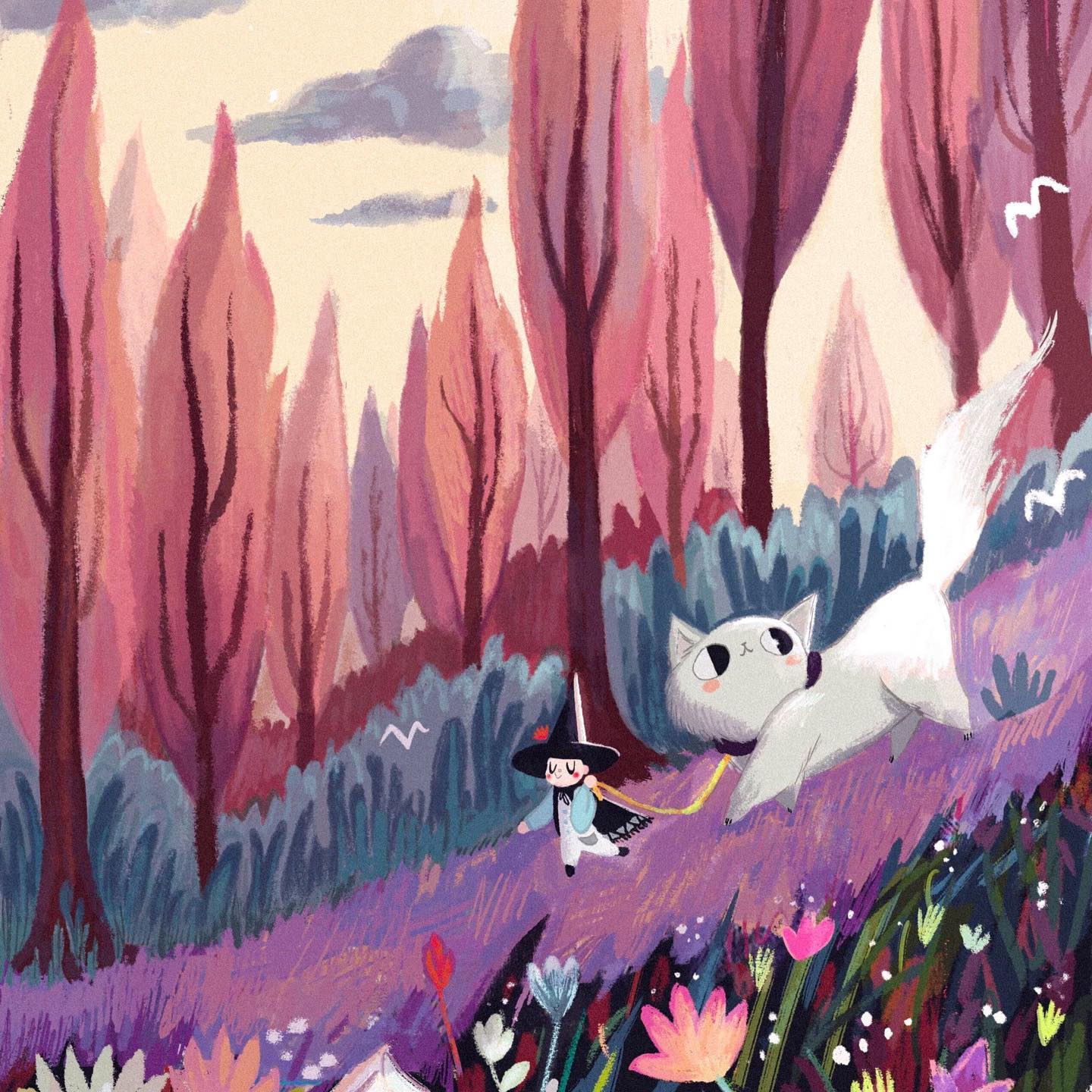 Witch girl leading giant white cat through pink forest